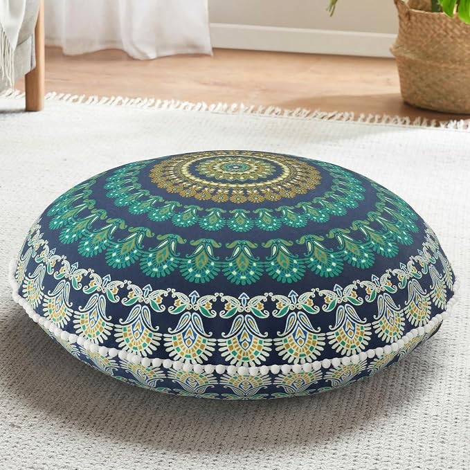 Codi Meditation Floor Pillow, Round Large Pillows Seating for Adults, Bohemian Mandala Circle Cushion for Outdoor Fireplace Yoga Living Room, 32 Inch, Memory Foam Added, Green