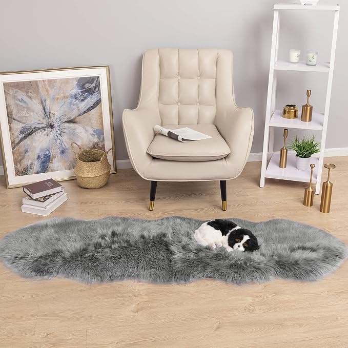 Carvapet 2x6 Faux Sheepskin Rug - Gray Shaggy Fluffy Area Rug Runner, Soft Plush Fake Fur Couch Seat Cushion Floor Cover Mat for Bedroom Living Room