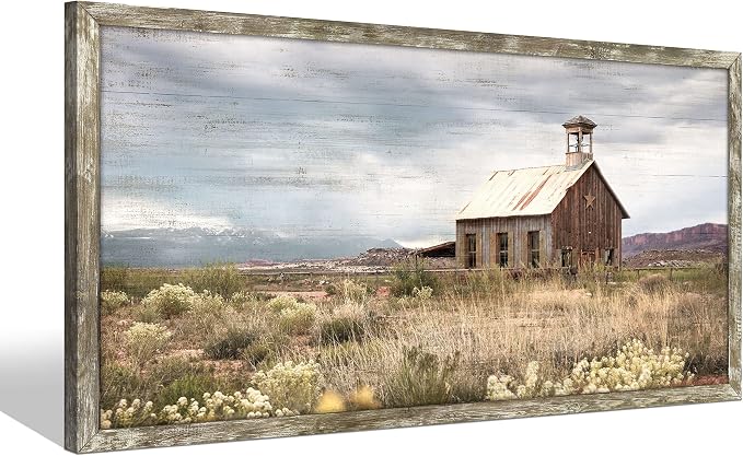 Farmhouse Wall Art Barn Picture: Rustic Framed Country Print Wood Decor Living Room Horizontal Farm Scene Countryside View Painting Bedroom Panoramic Nature Landscape Artwork for Home Office
