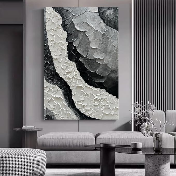 NANKAI Art Hand-Painted Thick Texture Black and White Minimalist Oil Painting 45x30 inch Large Office Corridor Living Room Wall Decorative Art Painting