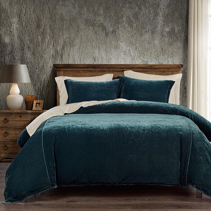 HiEnd Accents Stella Faux Silk Velvet 3 Piece Duvet Cover Set with 2 Pillow Shams, Queen, Storm Blue, Romantic Western Modern Traditional Style Luxury Bedding, Comforter Cover and 2 Pillow Cases