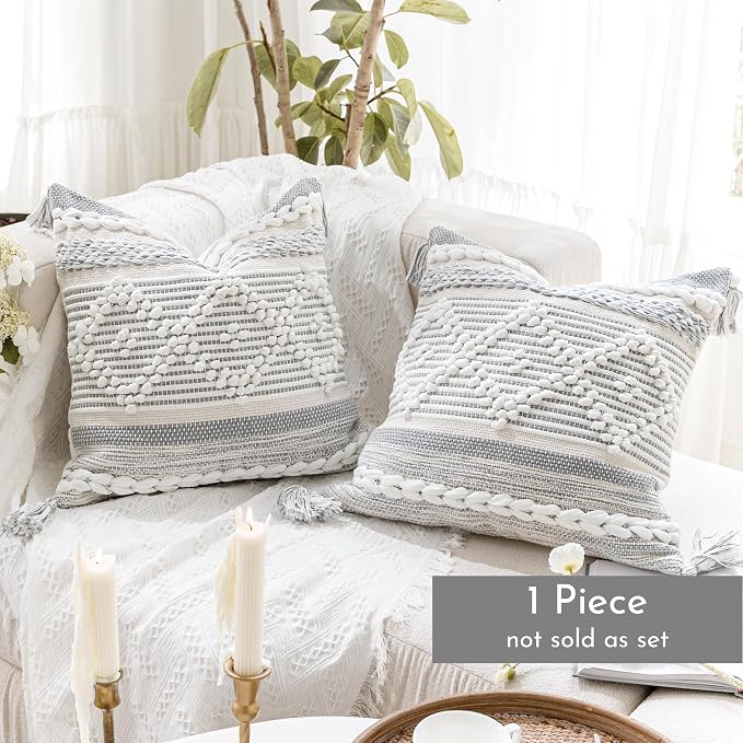 BlissBlush Gray Cream White Boho Throw Pillow Cover 20X20, Boho Woven Textured Pillow Cover, Neutral Pillow Cover, Sofa Couch Bed Farmhouse Lumbar Pillow (Cover ONLY)