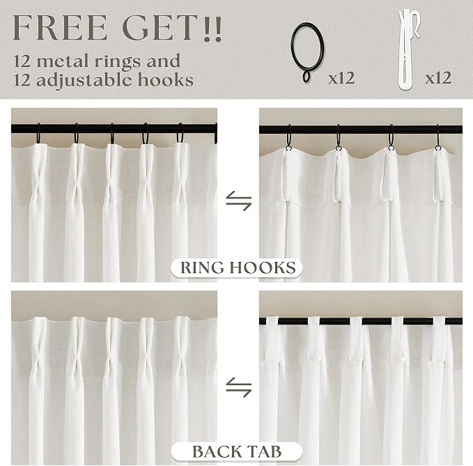 60 Inch Width Curtains 92 Inches Long Linen Pinch Pleated Curtains for Living Room Bedroom Semi Sheer Back Tab Hooks Rings Extra Wide Pinch Pleat Drapes for Patio Glass Door Beige White 1 Panel