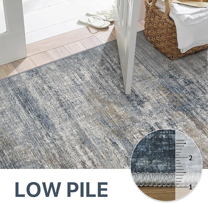 BEIMO Area Rugs 8x10 for Living Room Bedroom, Modern Abstract Machine Washable Rug, Large Soft Low Pile Floor Carpet with Non Slip Backing for Dining Room, Denim Blue/Taupe