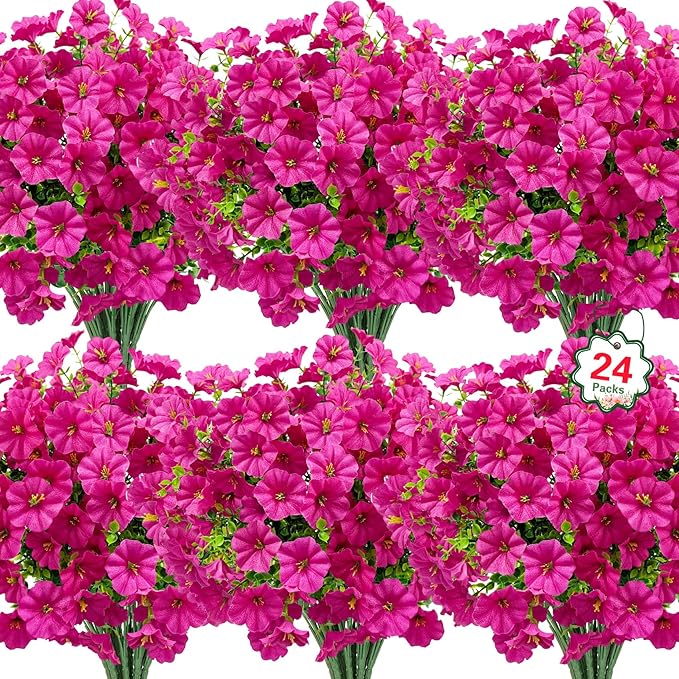 Ouddy Decor 24 Bundles Artificial Flowers for Outdoors, Fake Petunias Flowers Silk Morning Glory with Eucalyptus Faux Plants for Indoor Outside Spring Summer Yard Garden Porch Home Decor, Rose Red