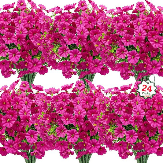 Ouddy Decor 24 Bundles Artificial Flowers for Outdoors, Fake Petunias Flowers Silk Morning Glory with Eucalyptus Faux Plants for Indoor Outside Spring Summer Yard Garden Porch Home Decor, Rose Red