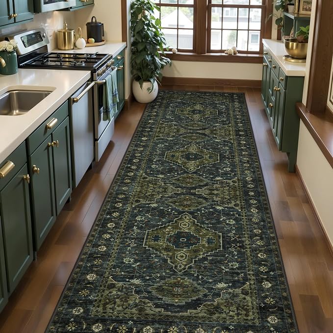 Tangsoo 3x10 Washable Hallway Runner Rug, Non Slip Vintage Runner Rug for Hallways, Soft Low Pile Long Rug Runner, Print Distressed Carpet Runners for Kitchen Bedroom Entryway Living Room Green