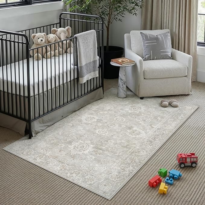 4x6 Grey Washable Area Rug for Living Room Bedroom Neutral Floral Soft Non Slip Rug Low Pile Distressed Carpet for Dining Room Nursery Office Indoor