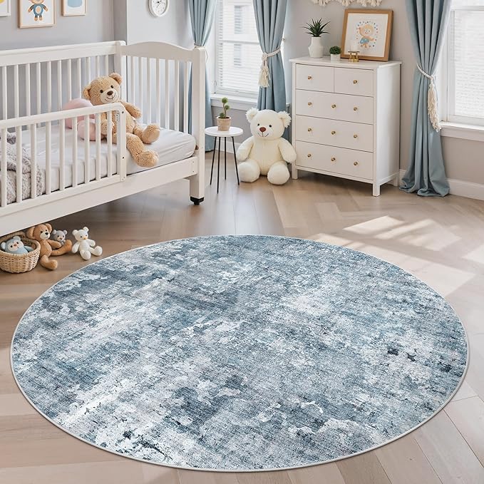 Soalmost 5x5 Blue/Grey Round Rug 5ft Living Room Circle Rug Vintage Round Area Rug Non Slip Indoor Carpet for Entryway Dining Room Bedroom