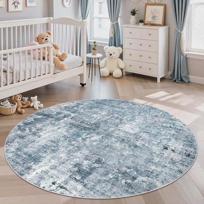 Soalmost 6x6 Blue/Grey Round Rug 6ft Living Room Circle Rug Vintage Round Area Rug Non Slip Indoor Carpet for Dining Room Bedroom