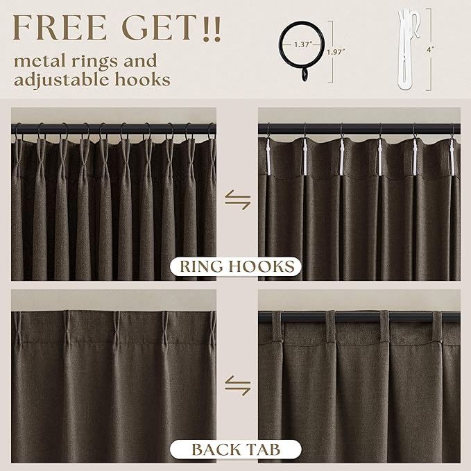 100 Inch Dark Chocolate Thick Linen Sliding Door Ceiling Curtains 2 Panels Set, Memory Shape Pinch Pleat Semi Sheer Light Filtering Living Room Bedroom Window Curtain with Hooks & Rings Brown Drapes