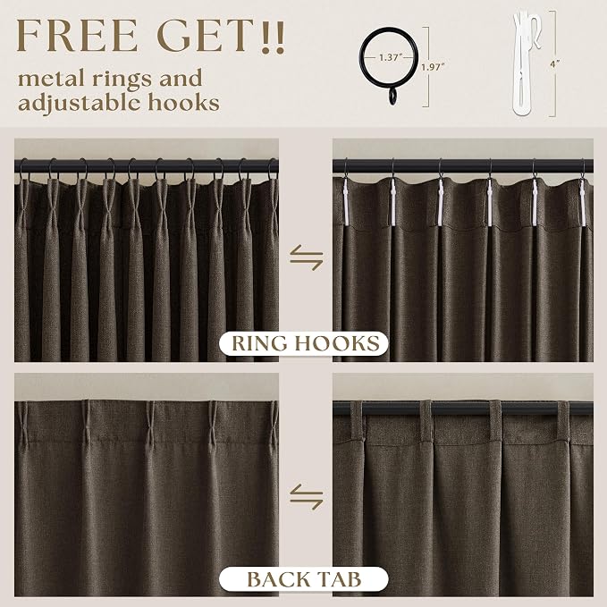 Chocolate Brown Pinch Pleated Curtains 90 Inches Long for Living Room Bedroom 2 Panels Linen Textured Luxury Modern Aesthetic Light Filtering Semi Sheer Pleat Window Drape Hooks Rings 40x90 Length