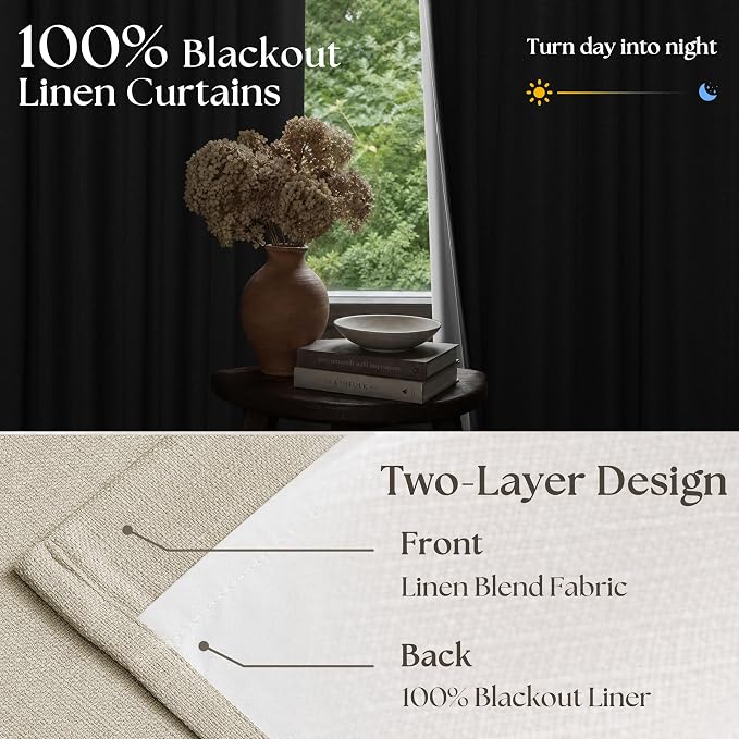 TWODRAPES 92 Inch Long Pinch Pleated Blackout Curtains for Bedroom Living Room, Oatmeal Beige Linen Blend 100% Blackout Sliding Door Curtains, Cozy Modern Privacy Protection Curtains 92 Inches