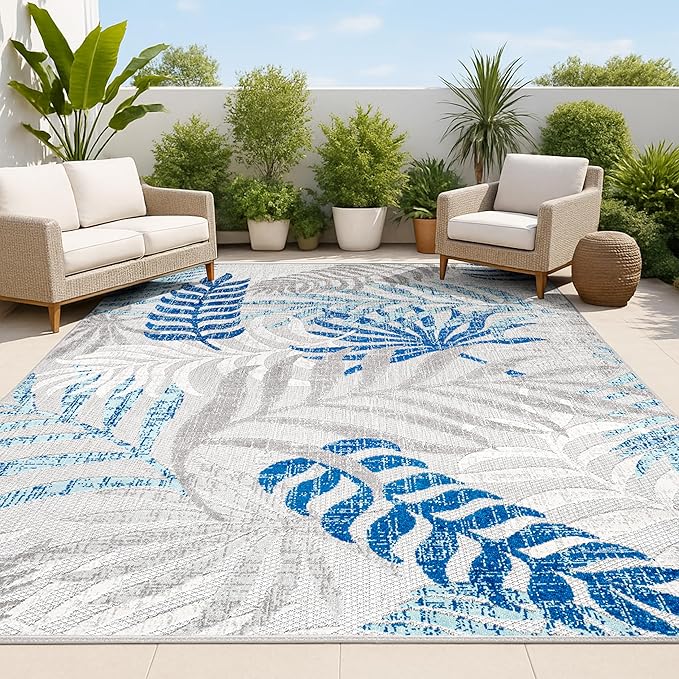 JONATHAN Y Tropics Palm Leaves Indoor Outdoor Area Rug 8X10 Gray/Blue | Ships Rolled, Durable Flat Weave, Lays Flat for Backyard, Patio, Porch, Easy-Cleaning, High Traffic,Pet-Friendly,Non-Shedding