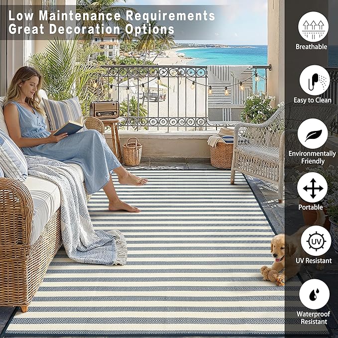 HUGEAR 9'x12' Outdoor Rug Waterproof Plastic Straw Rugs Large Blue Stripe Reversible Mat Floor Carpet for Camping RV Deck Entryance Porch Picnic Balcony Beach Backyard