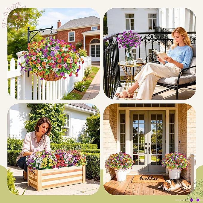 Der Rose 24 Bundles Artificial Flowers for Outdoor UV Resistant Faux Plants for Wedding Home Garden Patio Porch Spring Decor (8 Colors)