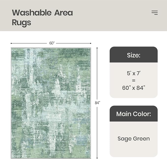 Valenrug Washable Rugs 5x7 - Stain Resistant 5x7 Area Rugs for Living Room, Non Slip Backing Abstract Rugs for Bedroom, Folable Machine Washable Area Rug(5'x7', Sage Green)