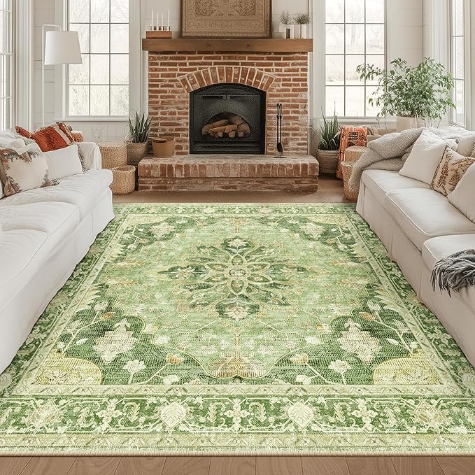 RELEANY Area Rugs Square 8ft Washable Non-Slip, Floral Vintage Distress Print Pattern Medallion Carpet for Living Room Bedroom Dining Room, Sage Green Yellow