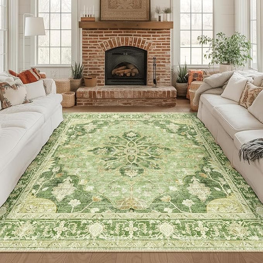 RELEANY Area Rugs Square 8ft Washable Non-Slip, Floral Vintage Distress Print Pattern Medallion Carpet for Living Room Bedroom Dining Room, Sage Green Yellow