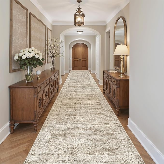 Soalmost Hallway Runner Rug 3x18 - Kitchen Rugs 18ft Washable Entryway Rug Vintage Kitchen Runners Non Slip Farmhouse Indoor Carpet Runner for Living Room Bedroom, Brown
