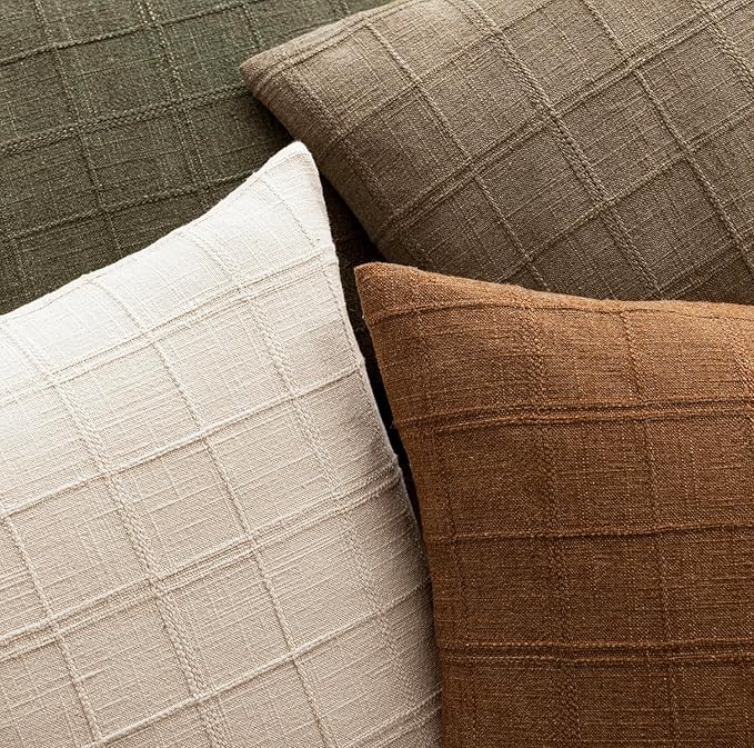 Foindtower Set of 2 Decorative Linen Check Throw Pillow Covers Neutral Farmhouse Vintage Cushion Covers Modern Boho Home Decor for Sofa Chair Couch Bedroom Living Room,26×26 Inch,Light Brown