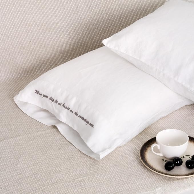 Linen Pillow Cases with Embroidery Design,20"x40" King Size Set of 2,100% French Flax Soft Handmade Linen Pillowcases,White Embroidery