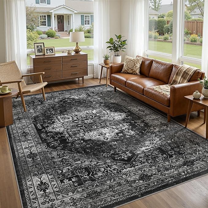 UERMEI 6x9 Area Rug Living Room Rugs - Washable Vintage Soft Large Rug Indoor Floor No Slip Rug Carpet for Bedroom Farmhouse Under Dining Table Home Office Decor - Black