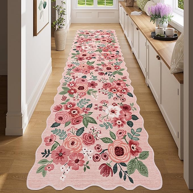 DUKINO Washable Runner Rug, 2x7 Lightweight Soft Floral Hallway Rug Runner with Low Pile Design, Non Shedding & Non Slip Backing Thin Indoor Carpet for Bedroom, Bathroom, Entrance, Kitchen, Pink
