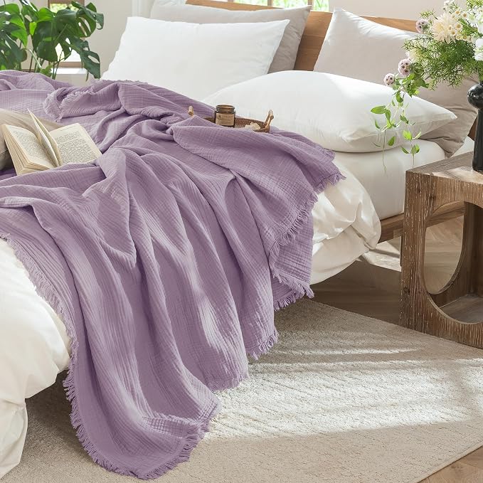 MooMee Muslin Blanket - 100% Cotton 4-Layer Gauze Throw Blanket with All-Around Fringe, Soft Breathable Lightweight Cooling Summer Blankets for Bed Couch(Light Purple,Twin XL 66" x 90")
