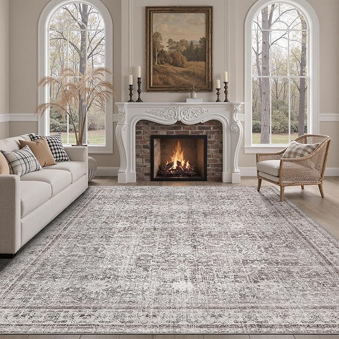 DCX Gray 9x12 Rug, Kid & Pet Friendly with Rubber Back Non Slip, Machine Washable Stain Resistant Vintage Traditional Distressed Carpet, Rug for Living Room, Bedroom, Home Decor