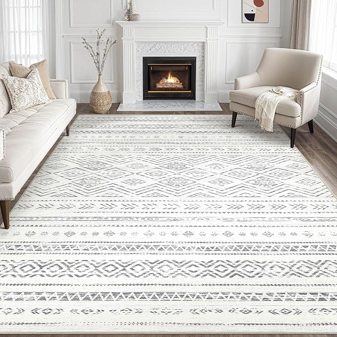 Tortania Area Rug Living Room Rugs- 8x11 Washable Large Soft Neutral Boho Moroccan Bohemian Farmhouse Rug Indoor Floor Carpet for Bedroom Under Dining Table Home Office Decor - Beige Gray