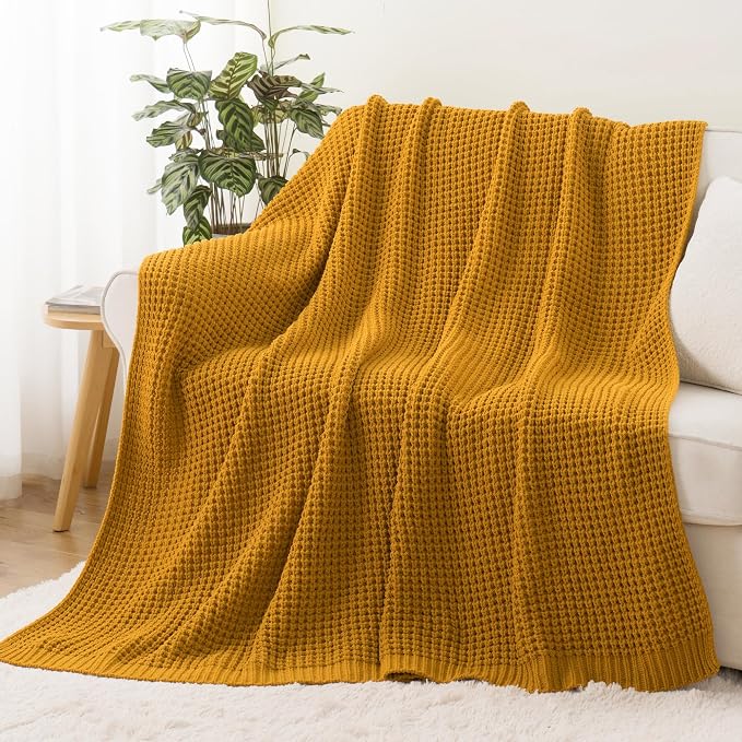 Bunnikins & Clover Knitted Waffle Throw Blanket 50x60 Inches, Mustard Yellow Throw Blanket for Couch, Soft Cozy Chenille Knit Blanket Warm Decorative Throw for Sofa