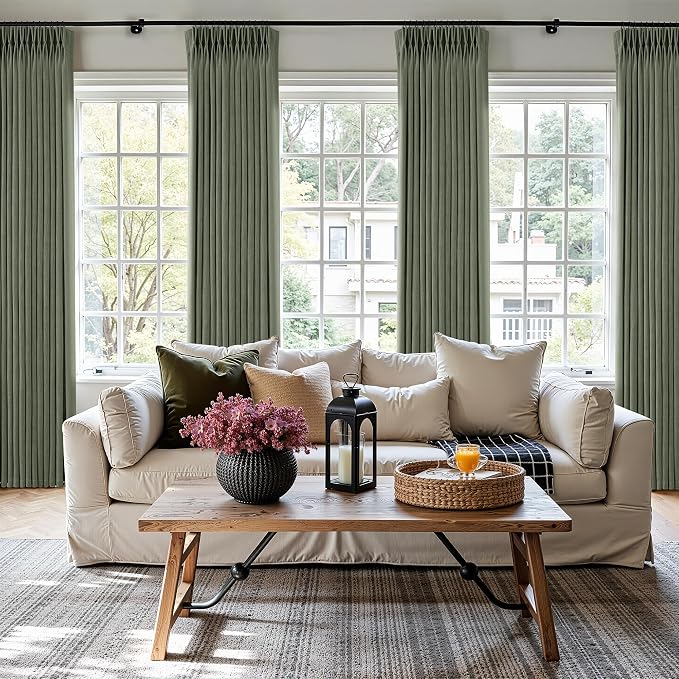 Sage Green Pinch Pleated Linen Curtains 120 Inches Long for Living Room Bedroom with Rings Hooks Clips Back Tab Semi Sheer Curtains Light Filtering Boho Farmhouse Drapes Light Green