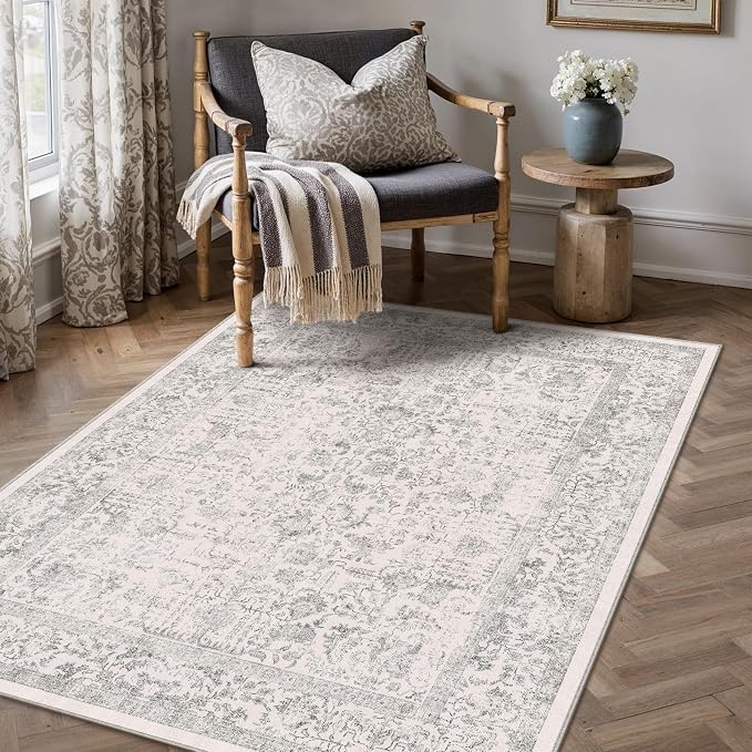 PureCozy Gray Area Rug 3x4 Office Entryway Rug Machine Washable Kitchen Vintage Distressed Non Slip Carpet Indoor Grey Retro Floral Accent Throw Door Mat for Bathroom Bedroom Dining Living Room