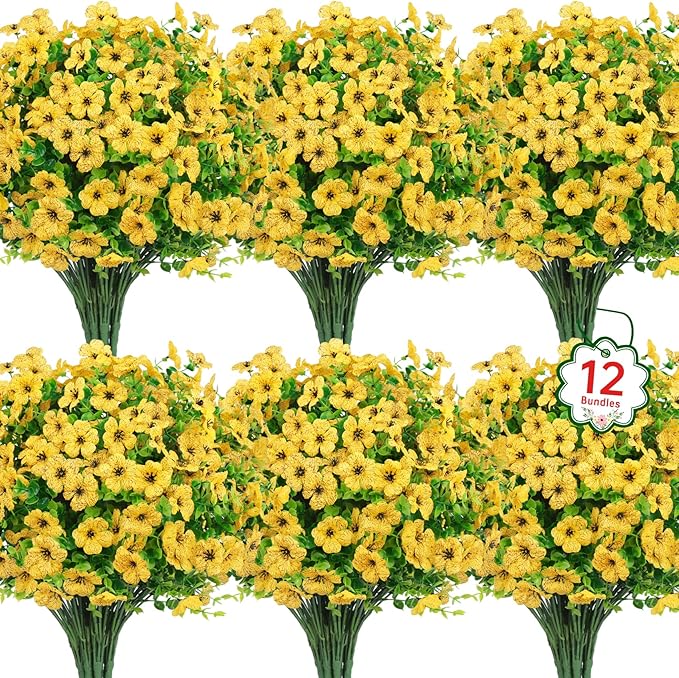 Ouddy Decor 12 Bundles Artificial Flowers for Outdoors Fake Silk Flowers UV Resistant Faux Plastic Plants for Spring Summer Garden Porch Window Box Table Vase Home Indoor Outdoor Decoration, Yellow
