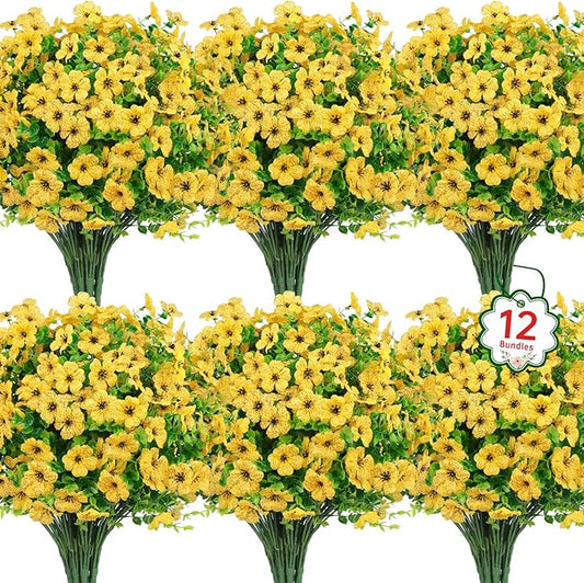 Ouddy Decor 12 Bundles Artificial Flowers for Outdoors Fake Silk Flowers UV Resistant Faux Plastic Plants for Spring Summer Garden Porch Window Box Table Vase Home Indoor Outdoor Decoration, Yellow