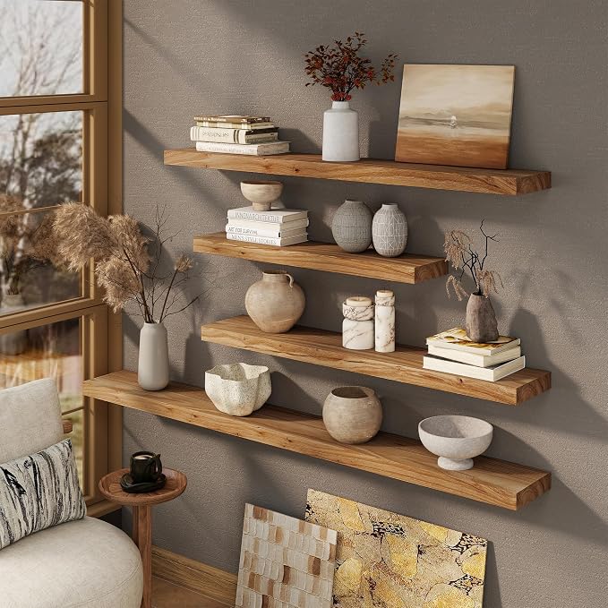 Marsmiles 72 inch Floating Shelves for Wall Solid Elm Wood Wall Mounted Shelves|Rustic Long Floating Shelves with Invisible Bracket for Bathroom Living Room Kitchen|Natural, 1 Pack