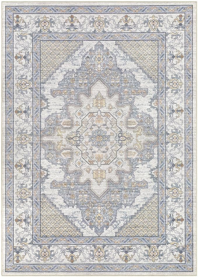 Tortania Area Rug Living Room Rugs - 6x9 Washable Boho Rug Vintage Oriental Distressed Farmhouse Large Thin Indoor Carpet for Living Room Bedroom Under Dining Table Home Office - Blue Beige