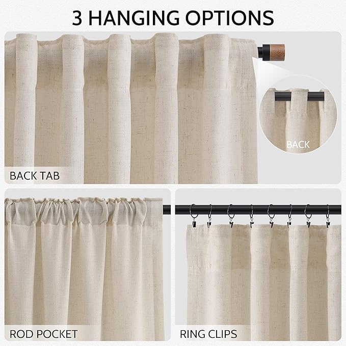 Nanspring Extra Long 120 Inch Curtains for Living Room Cream Beige Linen Light Filtering Semi Sheer Curtain Back Tab Modern Farmhouse Decor Floor to Ceiling High Window for Bedroom 52x120, 2 Panels