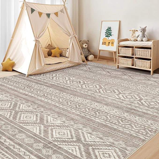 cotiled 12x15 Area Rug Living Room: Washable Boho Rugs with Non Slip Backing Large Soft Indoor Stain Resistant Carpet for Bedroom Farmhouse Dining Room Lightweight Home Decor Coffee Brown