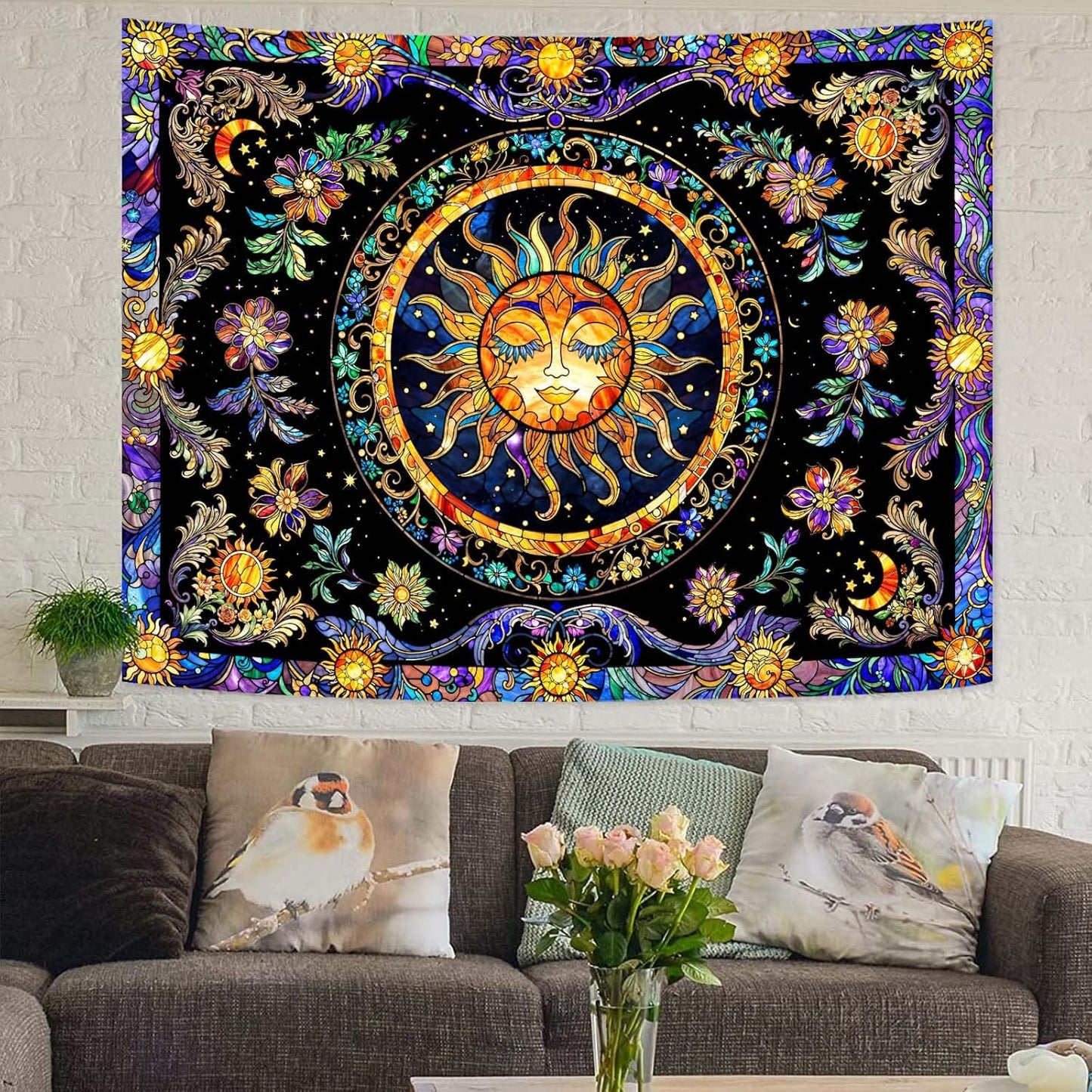 Lunerfex Sun Tapestry Stained Glass Tapestry Wall Decor Tapestries for Bedroom Boho Tapestries Wall Hanging for Bedroom Living Room Glass-Sun-01 60"x80"