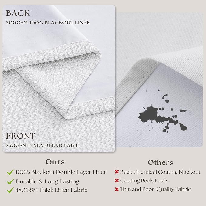 Snow White Pinch Pleated Blackout Linen Curtains 86 Inches Long for Bedroom Pleated 100% Black Out Drapes with Liner Modern Farmhouse Extra Long 86 Inch Window Curtain Panel for Living Dining Room