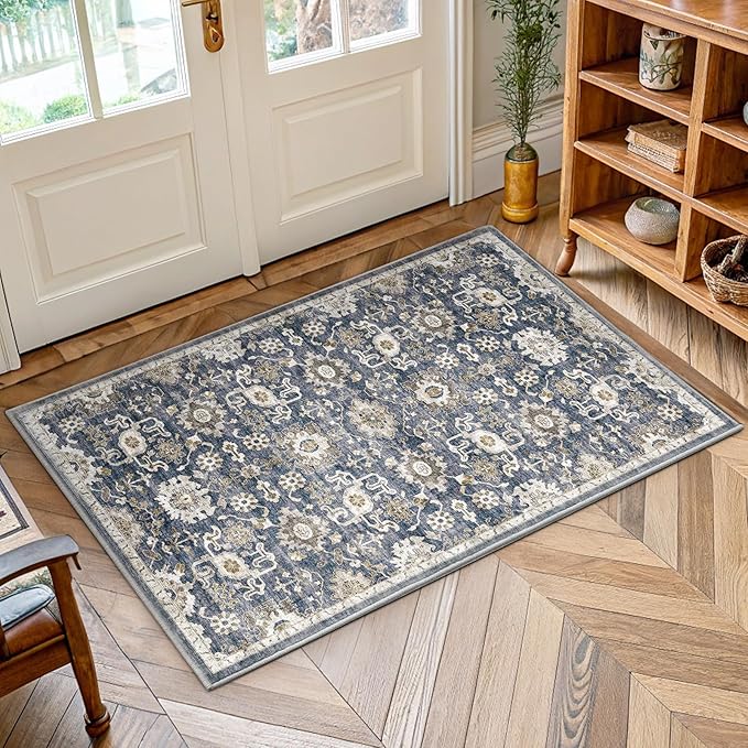 AMADA HOMEFURNISHING 2x3 Washable Area Rug, Low-Profile Entryway Rug with Non-Slip Backing & Durable Edge Binding, Vintage Rug Pattern, Small Rugs for Entryway, Kitchen & Living Room