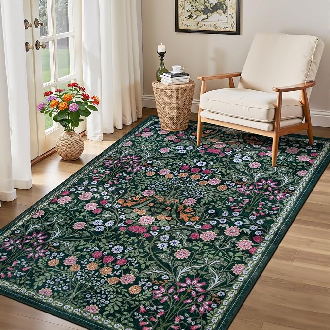 Area Rug Living Room Rugs: Floral 3x5 Washable Rug Vintage Soft Boho Non-Slip Carpet Indoor Floor Stain Resistant Large Carpets for Bedroom Dining Room Farmhouse Nursery Hallway Dark Green