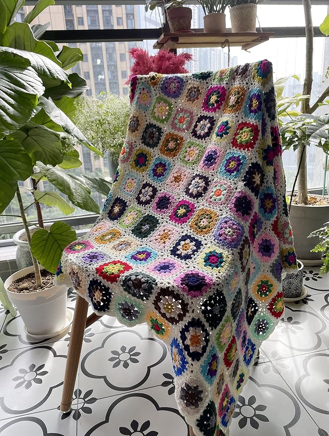 RISEON Handmade Granny Square Crochet Throw Blanket Sweater Style Mat, crochet quilt, multicolor Boho Travel Accent Decor Throw for Sofa Comforter Couch Bed Recliner Living Room Bedroom 47" x47"