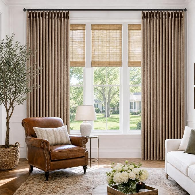 Pinch Pleated Rust Brown Curtains for Living Room 96 Inches Length Vintage Rustic Memory Shaped Semi Sheer Pinch Pleat Flax Linen Drapes for Track System Tan Light Filtering Back Tab Window Curtain
