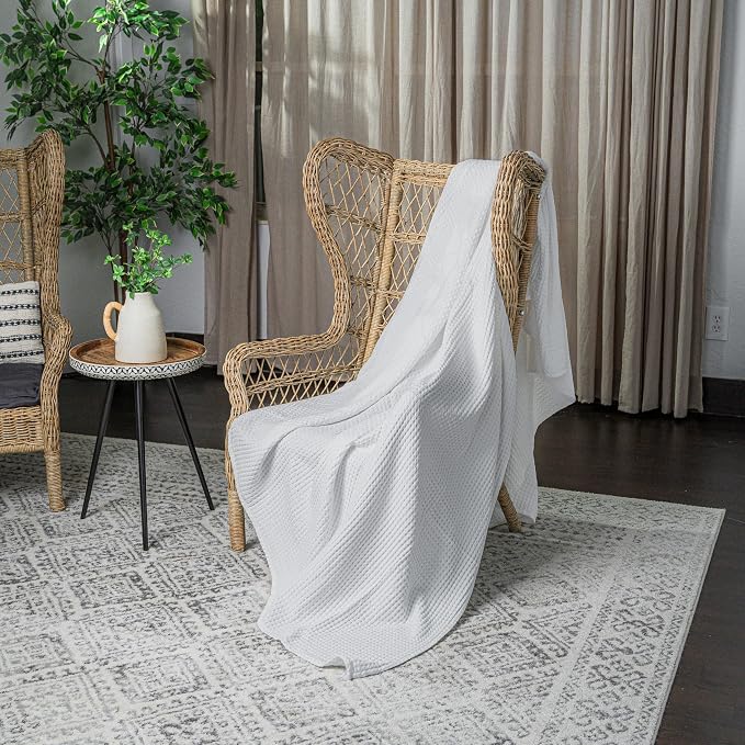 Comfy Cubs 100% Cotton Waffle Weave Throw Blanket Breathable Skin-Friendly Soft Lightweight Blankets - Perfect Warm Textured Blanket Layer - Size for Couch Bed & Sofa (White, 50" X 60")