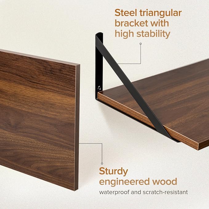 Acovy Deep Floating Shelves Wall Mounted, 24"x12" Walnut Wall Shelves with Brackets Set of 2 for Bedroom, Living Room, Bathroom, Kitchen, Office - Storage & Display Shelf for Decor, Books, Plants