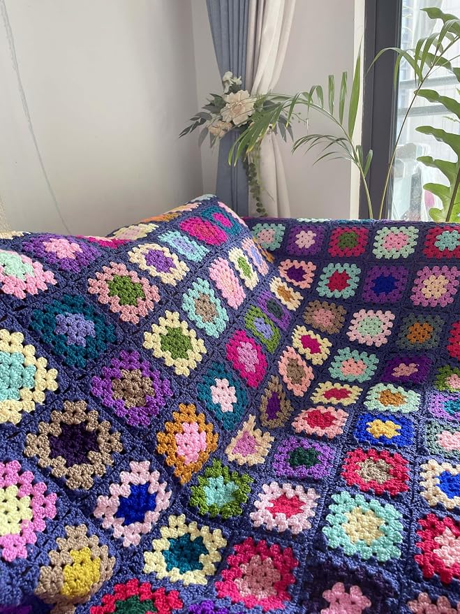 RISEON Handmade Granny Square Crochet Throw Blanket Sweater Style Mat, crochet quilt, multicolor Boho Travel Accent Decor Throw for Sofa Comforter Couch Bed Recliner Living Room Bedroom (Dark blue)