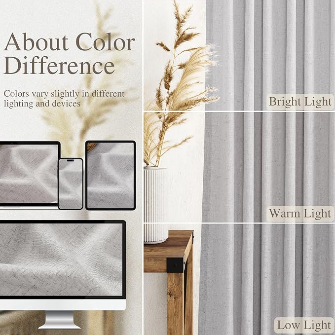 Grey Linen Curtains 102 Inches Long 2 Panels Set for Living Room Extra Long Back Tab Curtains Neutral Farmhouse Light Filtering Semi Sheer Linen Drapes Ceiling to Floor for Large Window